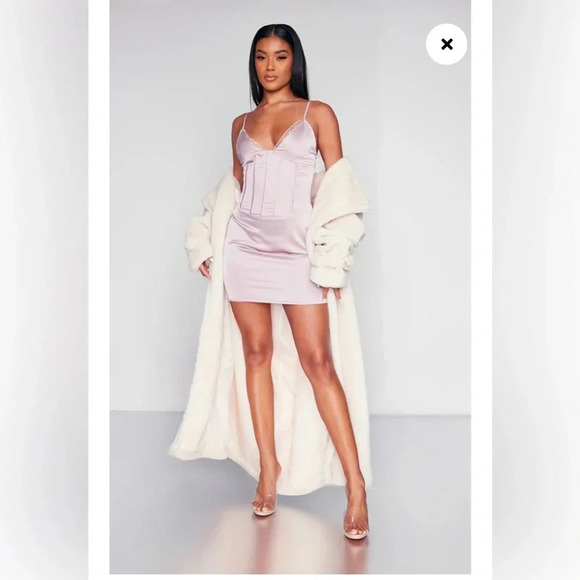 Pretty Little Thing MAUVE SATIN CORSET DETAIL LACE TRIM STRAPPY BODYCON DRESS - Picture 1 of 15